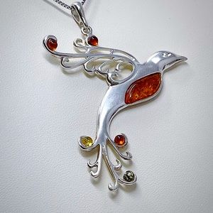 Sterling Silver & Baltic Amber Phoenix Pendant with 20" Box Chain